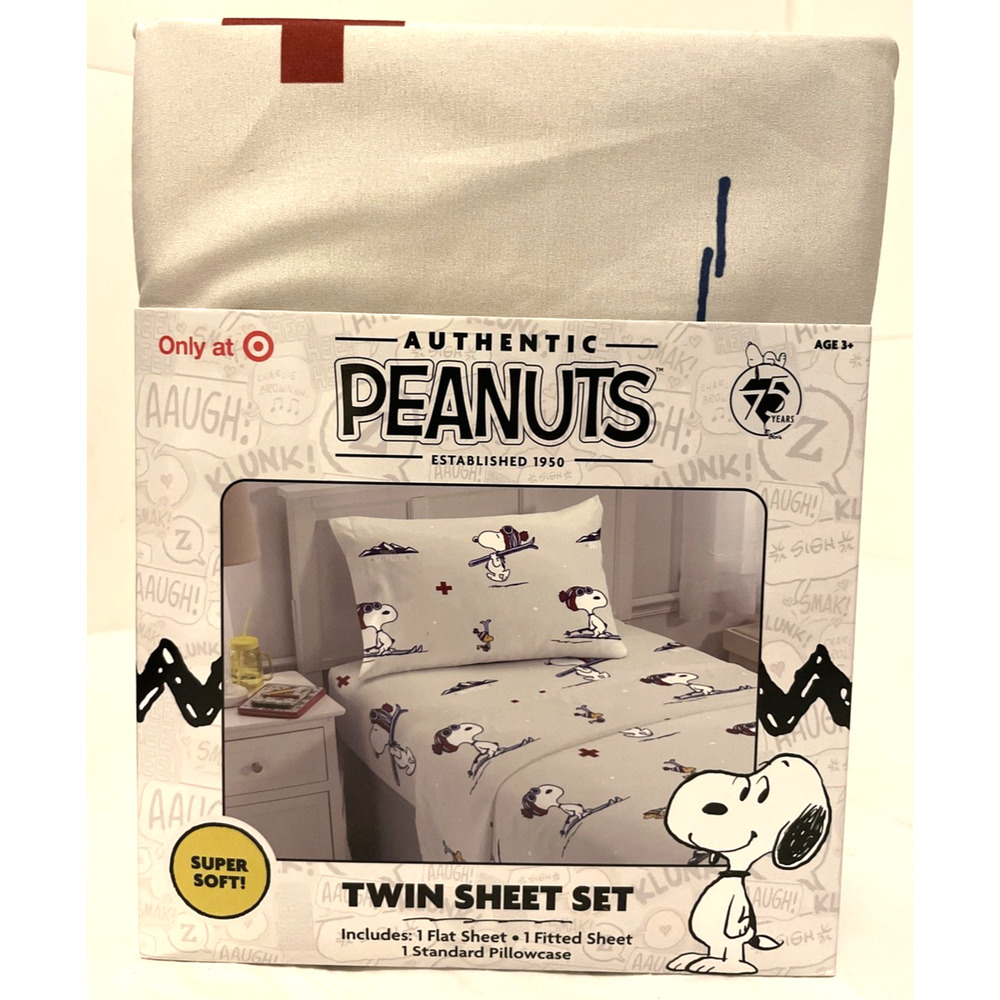Peanuts 75 Years Snoopy Skiing Winter Holiday Twin Sheet Set 3 Pc Exclusive NEW
